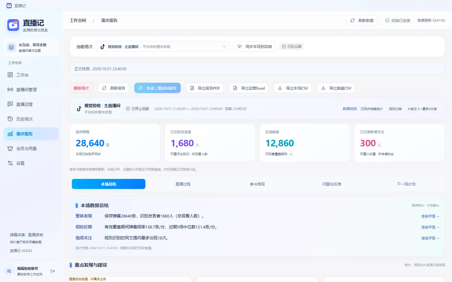 直播记实际客户端场次报告界面，包含场次指标、互动趋势及复盘入口；数据为隔离展示数据
